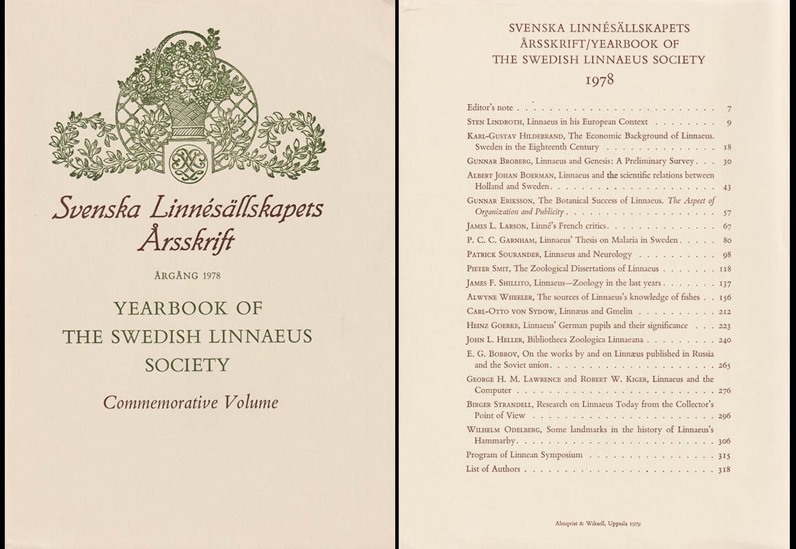 Svenska Linnésällskapets Årsskrift. Yearbook of The Swedish Linnaeus Society. Årg. XXVIII 1978. Commemorative Volume (Jubileumsvolym)