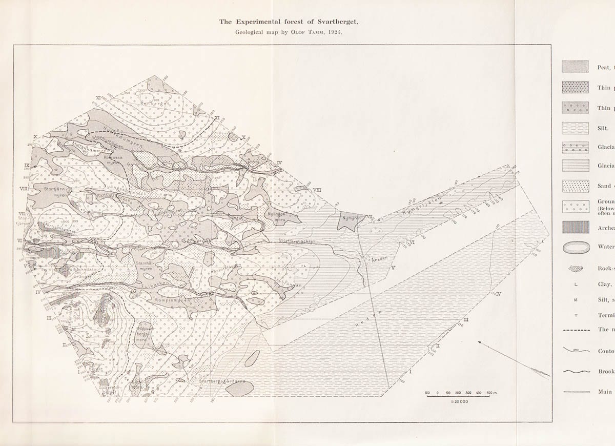 Tamm, Olof (1891-1973) ; Malmström, Carl (1891-1971) : The experimental forests of Kulbäcksliden and Svartberget in North Sweden. 1. Geology (description and maps) by Olof Tamm. 2. Vegetation (description and maps) by Carl Malmström