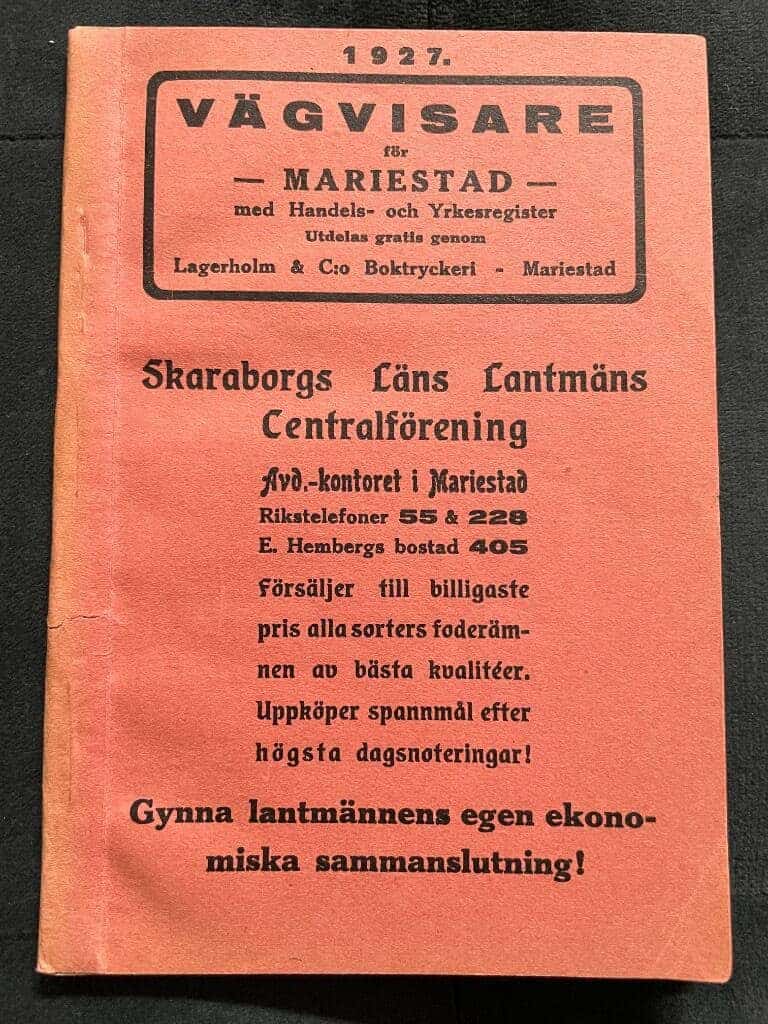 Vägvisare för Mariestad med handels- och yrkesregister.