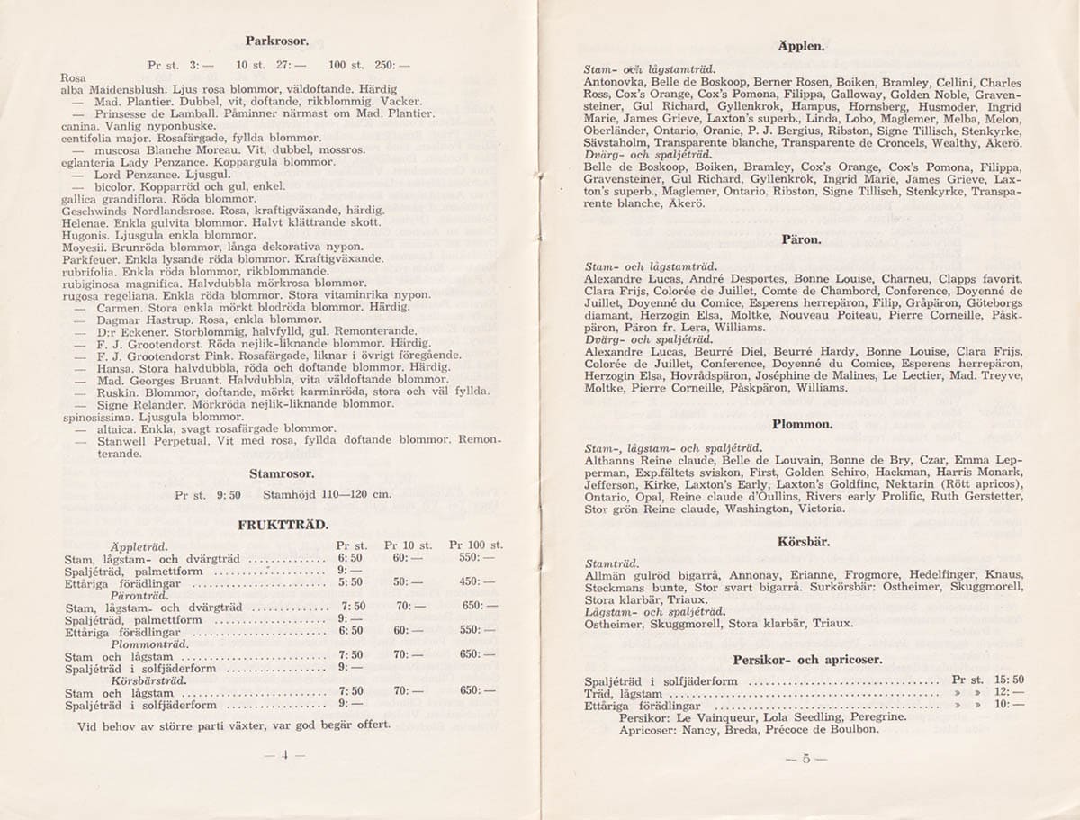 Visby plantskola. Prislista Hösten 19545 - Våren 1955