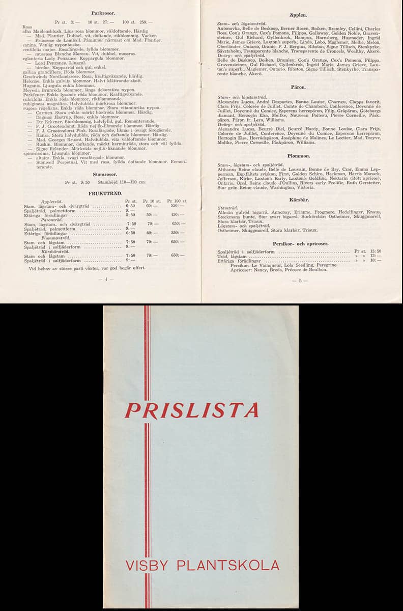 Visby plantskola. Prislista Hösten 19545 - Våren 1955