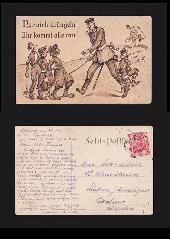 [Vykort ; Tyskland 1914] : Feld-postkarte. Nur nich' drängeln! Ihr kommt alle ran! Au, au mein Lüttish!