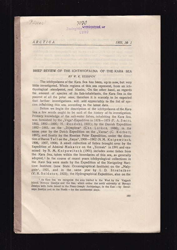 W. K. Yessipov : Brief Review of the Ichthyofauna of the Kara sea