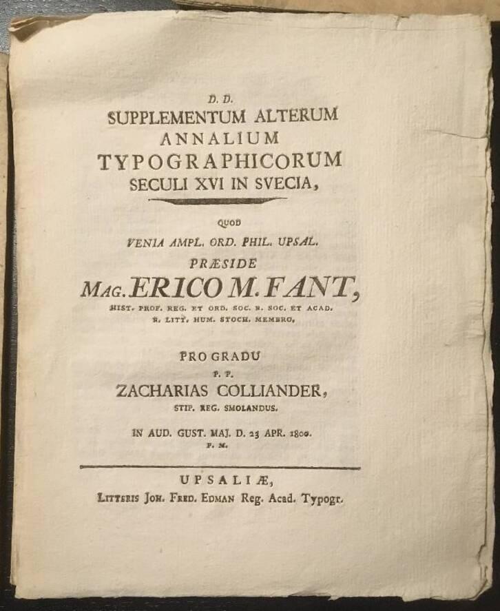 Zacharias Colliander : Supplementum Alterum Annalium Typograpicorum seculi XVI in Svecia